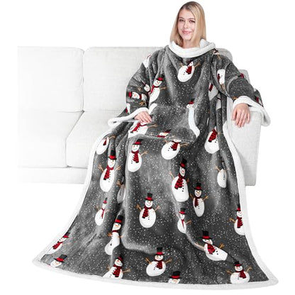 PAVILIA Sherpa Wearable Blanket with Sleeves for Adults Women Men, Soft Warm Full Body Wrap Fleece Throw, Pocket, Cozy Pullover Robe Blanket with Arm, Gifts for Christmas Mom Wife, Snowman - color: Snowman Gray