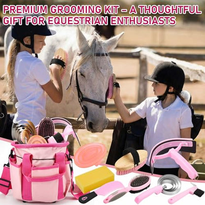 Cunhill 9 Pcs Horse Grooming Kit Tack Room Supplies, Classic, Pink - color: Pink, style: Classic