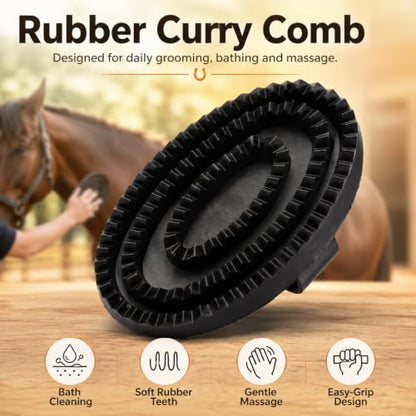 Rubber Curry Comb for Horses, Dogs & Cats, Pet Bath Brush with Hand Strap - color: Black Rubber Curry Comb