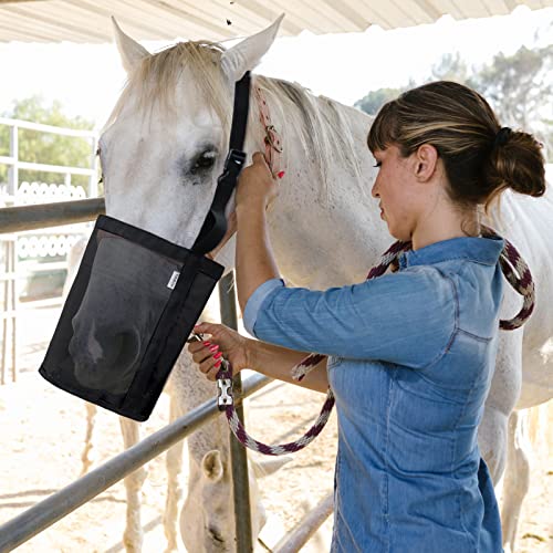 Horse Feed Bag, Nylon Mesh Grain Horse Feed Bucket (Black 2P) | with Adjustable Strap Comfortable Neck Pad Nose Pad and Waterproof Bottom - color: Black