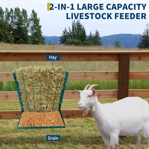 Wall Mounted Hay Rack, 2 in 1 Hay & Grain Livestock Feeder - color: Green