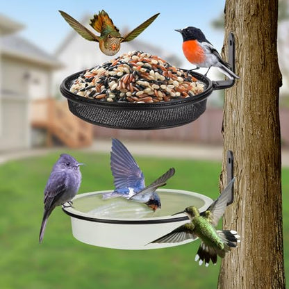 2 Fence Bird Feeder Trays - Outdoor Tree Mounted Wild Bird Bath, 7” in Diameter Feeders with Heavy-Duty Iron Rings, Installed on Wooden Fences, Trees, Decks, Indoor and Outdoor Walls