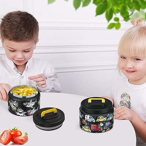 PIQUEBAR 8oz Kids Thermo for Hot Food,Small Lunch Thermo Food Container Stainless Steel,Easy Open Wide Mouth Thermo for Hot Cold Food for Preschool Travel - color: Black Animal Truck