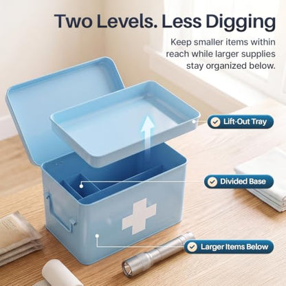 Flexzion Large Metal First Aid Box Empty, 8.5-Inch, Blue with White Cross - color: Blue, size: 8.5 Inch without Latch Lock