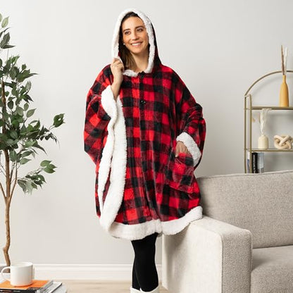 PAVILIA Hooded Blanket Poncho, Fleece Wearable Shawl Wrap Throw, Plaid Red | Fleece Shawl Wrap with Hood, Adult Wearable Blanket, Cozy Warm Poncho Cape Throw with Pockets, Gift for Elderly Mom - color: Checker Red