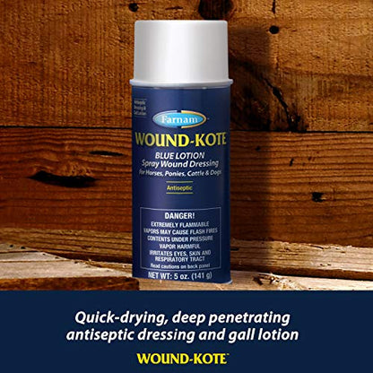 Farnam Wound-Kote Blue Lotion Spray Horse Wound Care for use on Horses and Dogs, Antiseptic Properties, for Minor Wounds, Cuts and Sores, 5 Oz - size: 5 ounces