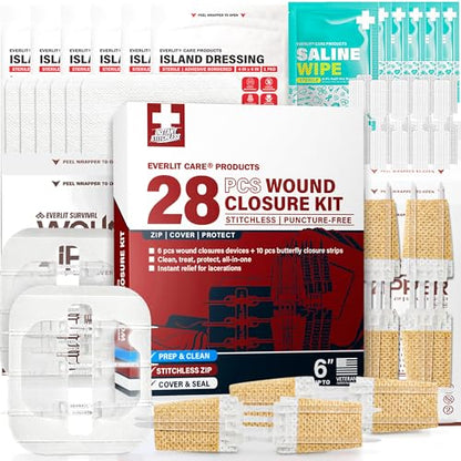 EVERLIT CARE Wound Closure Kit | 28 Pcs All-in-One First Aid with Suture-Free, Stitchless Zip Devices, Butterfly Bandages, for up to 6" Wounds | 100% Sterile Medical Supplies to Clean, Cover & Heal