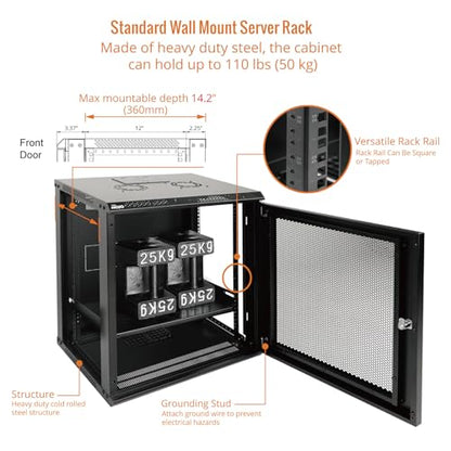 Tecmojo 12U Wall Mount Rack Network Cabinet for 19” IT Equipment,with Lockable Mesh Door and Removable Side Panels,Cooling Fan,Black,17.7inch Deep - size: 12U/Mesh Door/Black