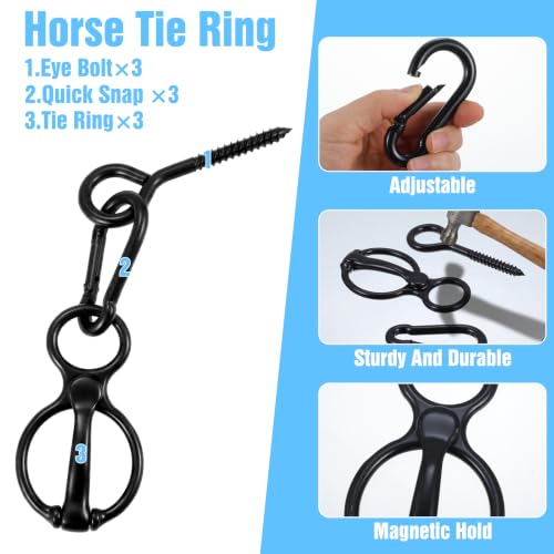 3 Sets Horse Tie Ring, Tie Ring for Horses, Carbon Steel Horse Safety Tie Ring with Eye Bolts and Snaps, Heavy Duty Horse Tack and Supplies for Training, Grooming, Stables (Black)