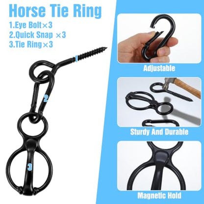 3 Sets Horse Tie Ring, Tie Ring for Horses, Carbon Steel Horse Safety Tie Ring with Eye Bolts and Snaps, Heavy Duty Horse Tack and Supplies for Training, Grooming, Stables (Black)