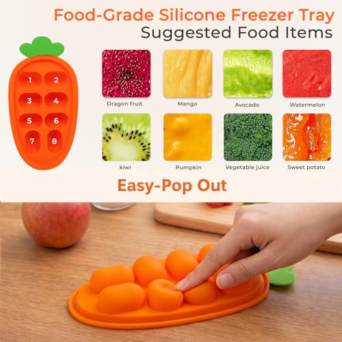 Baby Fruit Feeder 2 Pack with Freezer Tray, 4 Silicone Pouches in 3 Sizes, Breastmilk Popsicle Mold, Food Feeder Pacifier and Silicone Teether for Teething Relief, 4+ Months - color: Blue&Green