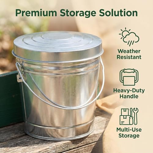 6 Gallon Galvanized Steel Storage, Steel Utility Pail, Heavy-Duty Metal Storage Bucket with Wire Bail Handle, for Bird Seed, Pet Food, Charcoal, and Yard Waste