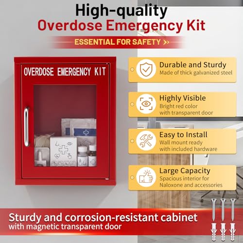 Zonon 1 Pcs Naloxone Overdose Emergency Kit Cabinet Wall Mountable in Case of Emergency Non-Locking Box Opioid Overdose with Acrylic Window 7 1/4 x 9 1/8 x 3 5/8 Inches Medication Not Included (Red)