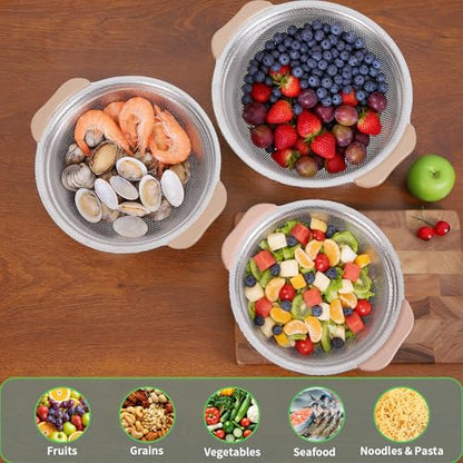 Colander Set with Plastic Handles, Stainless Steel Micro-Perforated Colanders Strainers for Draining Rinsing Washing, Ideal for Pasta Vegetables Fruits, Heavy Duty & Dishwasher Safe - color: Khaki