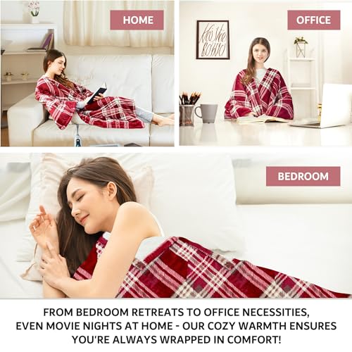 Beautyrest Wearable Electric Poncho Wrap Blanket, Ultra Soft Sherpa & Berber Fleece Heated Throw, UL Certified & OEKO-TEX, 3 Heat Settings & 2 Hour Auto Shutoff, Gift-Ready, 50" x 64", Red Plaid - color: Red Plaid, size: 50 in x 64 in