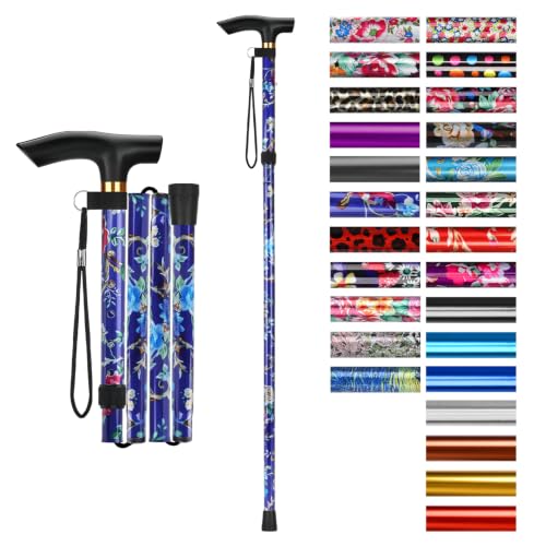 supregear Folding Cane, 5-Level Adjustable Height Walking Stick Lightweight Collapsible Portable Travel Cane with Wrist Strap and T Handle for Elderly Disabled Men Women - color: Dark Blue Floral