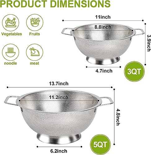 Gulex Stainless Steel Colander Set, Kitchen Strainer, Dishwasher Safe - size: 3QT+5QT