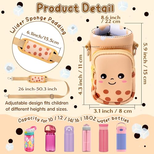 Water Bottle Carrier Bag with Strap for Kids - Water Bottle Bag Holder with Padded Strap Pocket 10/12/14/16/18Oz for Boys Girls School Walking Hiking Camping - style: Bubble Tea
