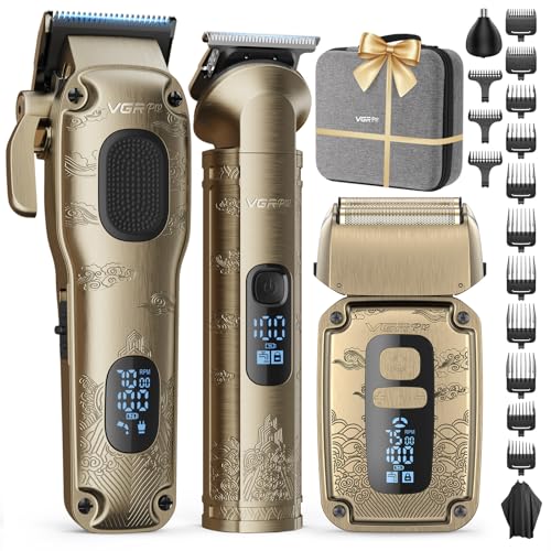 VGRPRO Hair Clippers for Men, Beard Trimmer, Foil Shaver 3-in-1 Clipper Set | Cordless Grooming Kit, 14 Guide Comb (Left/Right Ear Taper), Nose Trimmer Head, 4-Speed Setting Shaver, LED Display, EVA case - color: Gloden