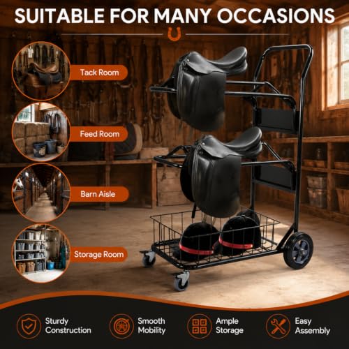 Rolling Saddle Rack Cart with Basket, 220 Lbs, 32.3*16.9*49.8 inch