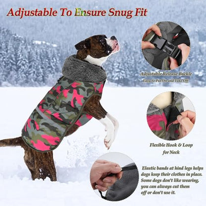 Dogcheer Warm Dog Coat, Waterproof Dog Jacket Reflective Adjustable Puppy Winter Coat with Buckle, Christmas Pet Snow Jacket Turtleneck Fleece Sweater for Small Medium Large Dogs - Camo Pink, M - color: Camo Pink, size: Medium