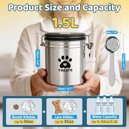 ENONCI Airtight Dog Treat Canister, 304 Stainless Steel Food Storage Jar with Date Dial Silver-1.5L - color: Silver, size: 1.5l