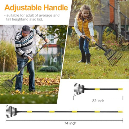 73" Leaf Rake- 11 Metal Tines 8.5" Wide- Small Leaves Rakes for Gardening- Adjustable Metal Leaf Rake for Picking Leaves Yard Women Kids Gardening RV Camping