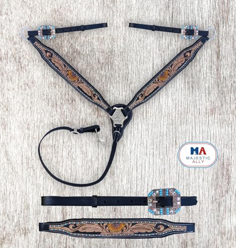 Majestic Ally Hand-Tooled Designer Padded Leather Horse Browband Headstall Breastcollar Set, Browband Headstall, Breastcollar (Breastcollar)