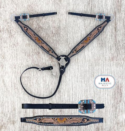 Majestic Ally Hand-Tooled Designer Padded Leather Horse Browband Headstall Breastcollar Set, Browband Headstall, Breastcollar (Breastcollar)
