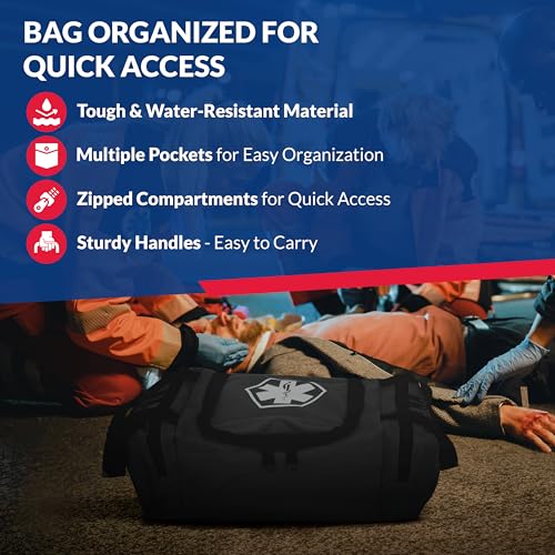 Fully Stocked Trauma First Aid Kit – First Responder II Bag with Tools, Gauze, Bandages, Scissors & Gloves – Compact & Portable – OSHA and ANSI Compliant – Black - color: Black