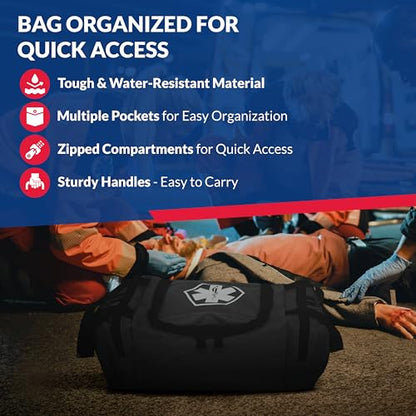 Fully Stocked Trauma First Aid Kit – First Responder II Bag with Tools, Gauze, Bandages, Scissors & Gloves – Compact & Portable – OSHA and ANSI Compliant – Black - color: Black