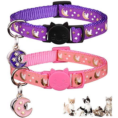 2Pcs Breakaway Cats Collars Cat Collars for Boy & Girl Cats Adjustable Kitten Collars with Bell,Pink+Purple,7"-10.7" - color: Pink+Purple, size: 7.0-10.7''