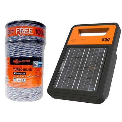 Gallagher S30 Solar Electric Fence Charger with 1640ft Highly Conductive Braided Turbo Wire | Effectively Contain Livestock, Protect Property, and Deter Wildlife