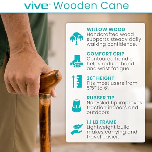 Vive Wooden Walking Stick Cane - for Men, Women, & Seniors - 36 Inch Single
