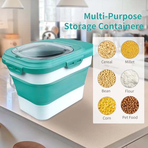 Komzon Rice Storage Container, Collapsible Airtight Food Storage Containers 6-20 Lbs, Rice Dispenser with Measuring Cup and Small Bin for Flour Cereal Pasta Grain, Cat Pet Dog Bird Food Container - size: 6-20 Lbs Green