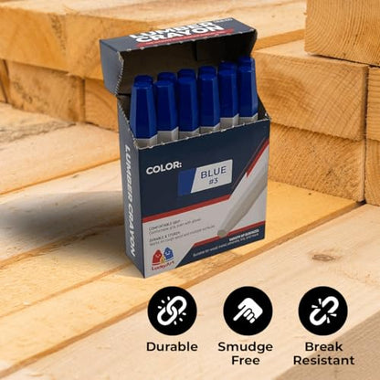 Lumber Crayons – Blue, Pack of 12 | Hexagonal Construction Marking Crayons for Wood, Concrete, Asphalt, Metal | Durable, Smudge-Free, Break-Resistant - color: Blue