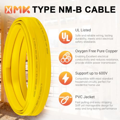 XMK Solid Indoor 12/2 W/G NMB Cable,Electric Wire 12 Guage 2 Conductor,10ft - size: 10ft, style: 12 AWG-2 Conductor w/ Ground
