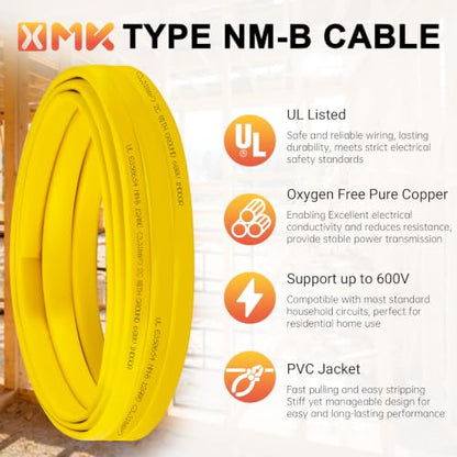 XMK NM-B 12/2 Wire with Ground,Electrical Wire 12 Gauge 2 Conductors,15ft - size: 15ft, style: 12 AWG-2 Conductor w/ Ground
