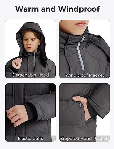 wantdo Boys Puffy Winter Coats Fleece-Lined Snow Jackets Removable Hood | Elastic Cuffs, Hook-and-Loop Collar, Windproof, Machine Washable - color: Dark Gray, size: 14-16