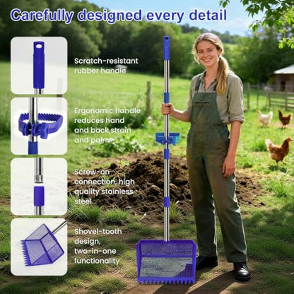 2026 Latest 12inch 2-in-1 Chicken Poop Scooper & Rake with Handle, Heavy-Duty Metal Chicken Coop Scoop for Sand Sifting Shovel Litter Scooper for Farm House Chicken Coop Cleaning Tools Accessories - color: Blue