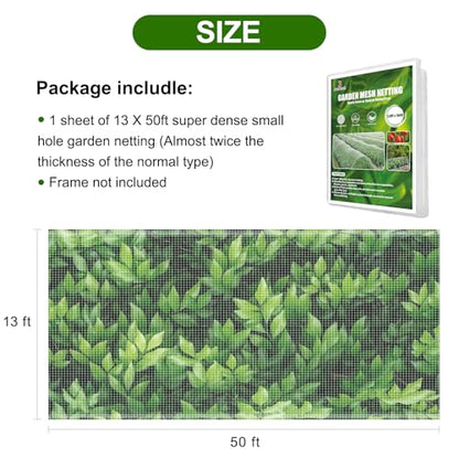 Jevrench 13 x 50 ft Garden Netting Row Cover, Ultra Fine Mesh for Plants | Protective Plant Netting for Gardens, Raised Beds and Greenhouses, Mesh Cover for Vegetables, Fruit Trees and Flowers - size: 13ft x 50ft