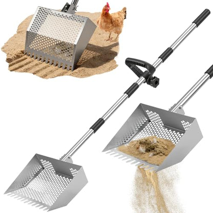 Chicken Poop Scooper & Rake 2-in-1,Stainless Steel Shovel Head Chicken Coop Scoop with 22 to 63" Adjustable Handle,Sifting Litter Shovel Scoop for Chicken Coop/Goat Stall/Stable Cleaning