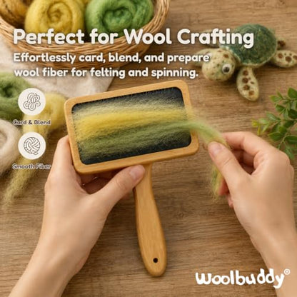 Woolbuddy Large Wool Carder Brush for Felting & Pets, 2PCS 4.75 x 3.25 Inch | Wool Carder Brush Set for Wool Blending, Needle Felting Tool with Stainless Steel Pins & Bamboo Handle, Reusable Cotton Bag