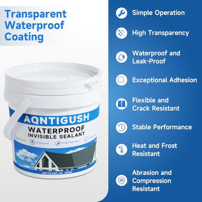 Transparent Waterproof Sealant 70oz, Clear Invisible Coating | 2KG Water-based acrylic sealer, Bonds to roofs, walls, bathrooms, concrete & wood, UV-resistant & flexible, Easy to apply - size: 70 oz