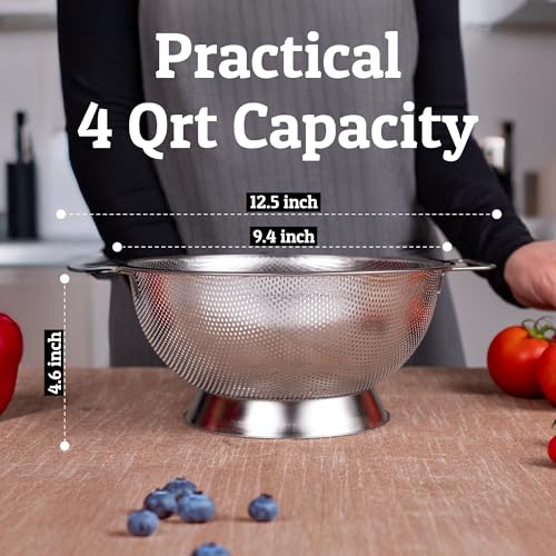 PriorityChef Premium 4 Qrt Stainless Steel Colander for Kitchen, Durable Rice and Pasta Strainer with Handle, Rust-Resistant & Dishwasher Safe - size: 4 Qrt