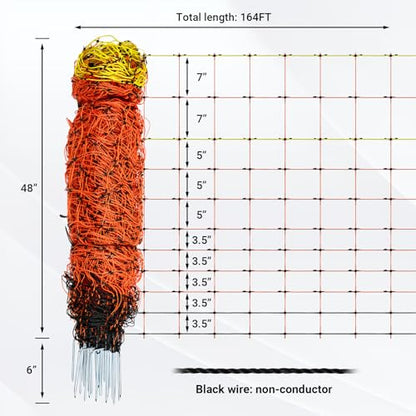 Electric Fence Netting 48"H x 164'L | with Posts and Double-Spiked Stakes, Portable Livestock Nets for Backyards, Homesteads, Gardens, Farms, and Ranches - size: 48"H x 164'L