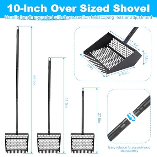 2-in-1 Coop Scoop(24" to 68"), Chicken Poop Scooper with Grip & Rake, Chicken Coop Accessories for Pet Waste Cleaning, Adjustable Stainless Steel Sand Sifting Litter Shovel for Chicken Coop