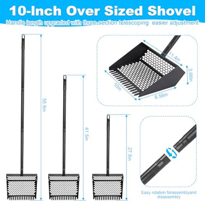 2-in-1 Coop Scoop(24" to 68"), Chicken Poop Scooper with Grip & Rake, Chicken Coop Accessories for Pet Waste Cleaning, Adjustable Stainless Steel Sand Sifting Litter Shovel for Chicken Coop