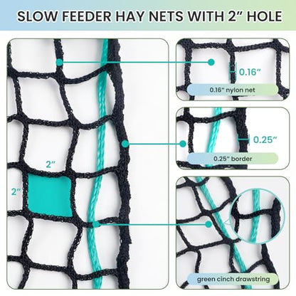 5x5 FT Round Bale Hay Net, 2-Inch Slow Feed for Horses and Goats