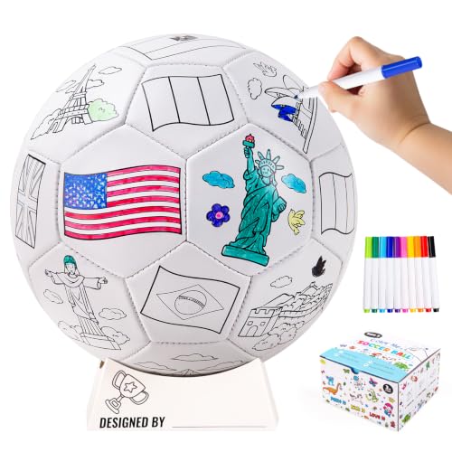EVERICH TOY Color Your Own Soccer Ball, Flag Soccer Gifts for Boys Girls | Arts and Crafts Kit Landmark Coloring with Markers, Size 3 Personalized Paint Soccer Ball Birthday Gifts for Kids 3 4-6 6-8 - color: Landmarks & Flags